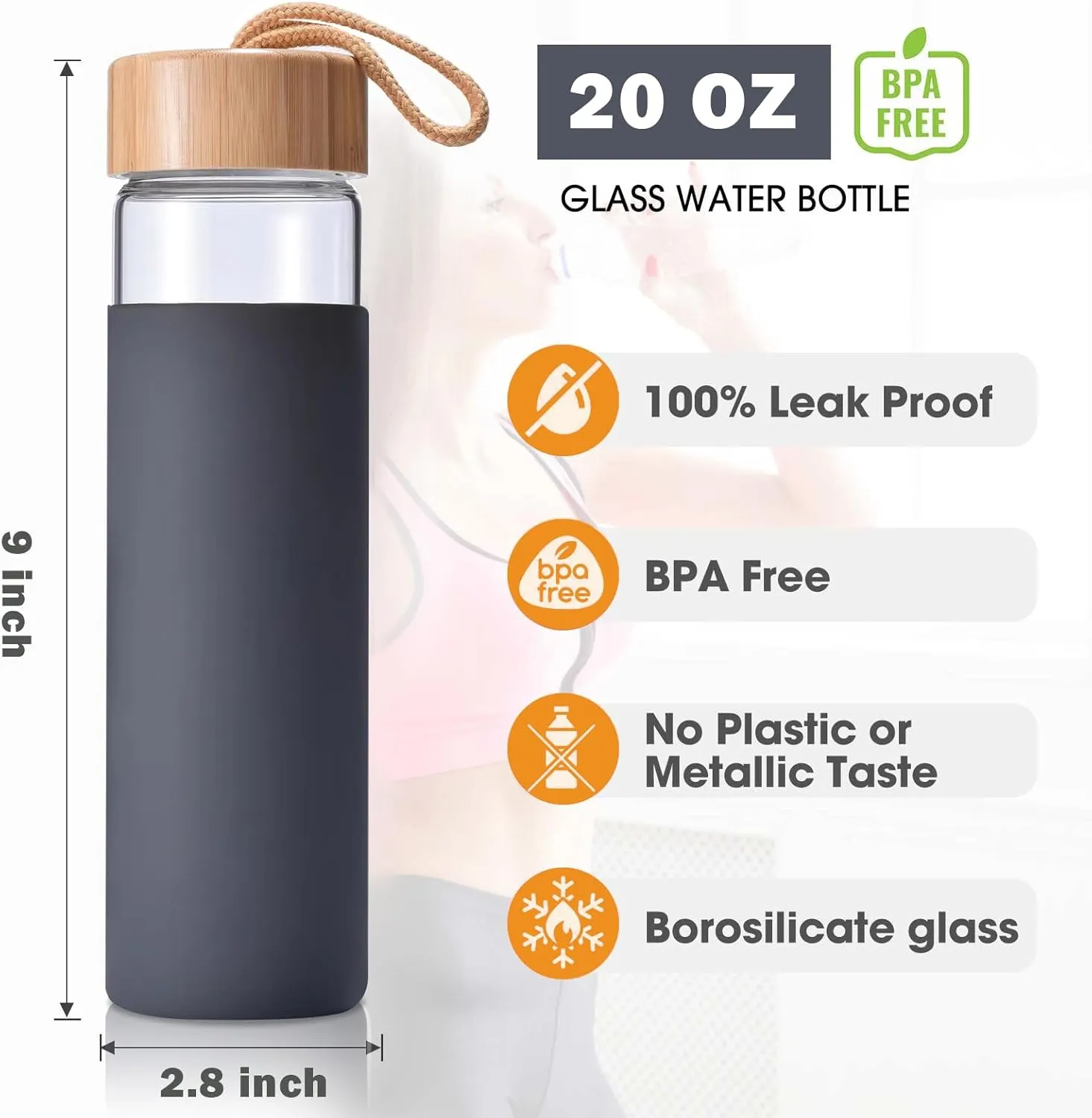 20 Oz Borosilicate Glass Water Bottle with Bamboo Lid and Silicone Sleeve  Reusable BPA Free Drinking Bottle with Lids - Cute Bottle for Women - Glass Shaker Bottle (Charcoal Grey)