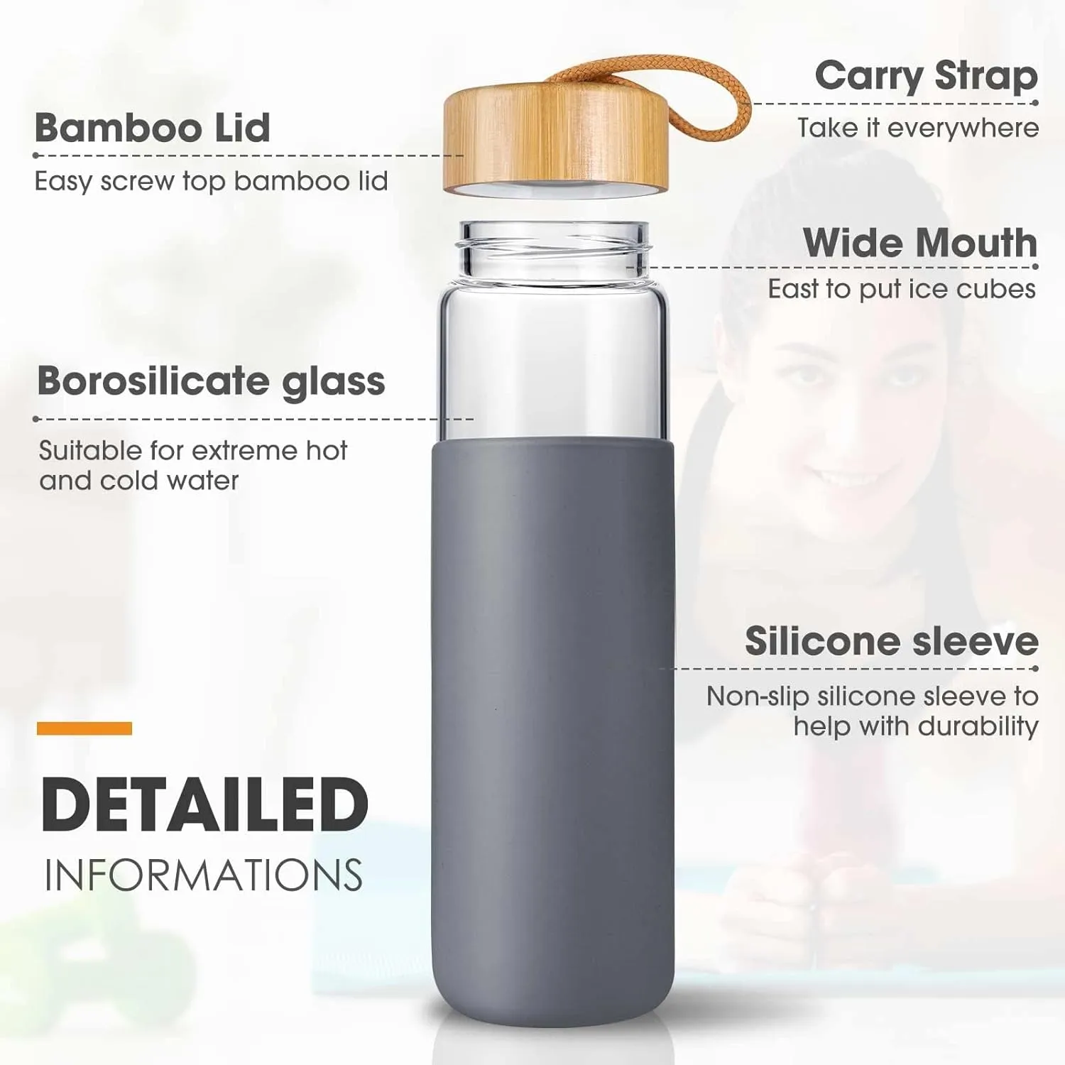 20 Oz Borosilicate Glass Water Bottle with Bamboo Lid and Silicone Sleeve  Reusable BPA Free Drinking Bottle with Lids - Cute Bottle for Women - Glass Shaker Bottle (Charcoal Grey)