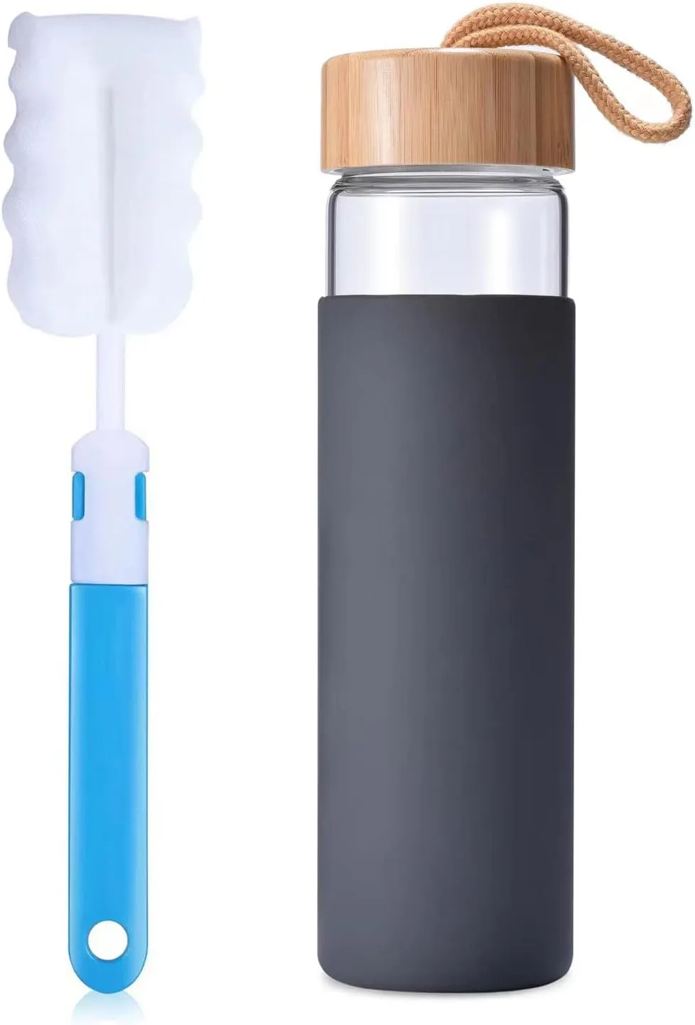 20 Oz Borosilicate Glass Water Bottle with Bamboo Lid and Silicone Sleeve  Reusable BPA Free Drinking Bottle with Lids - Cute Bottle for Women - Glass Shaker Bottle (Charcoal Grey)