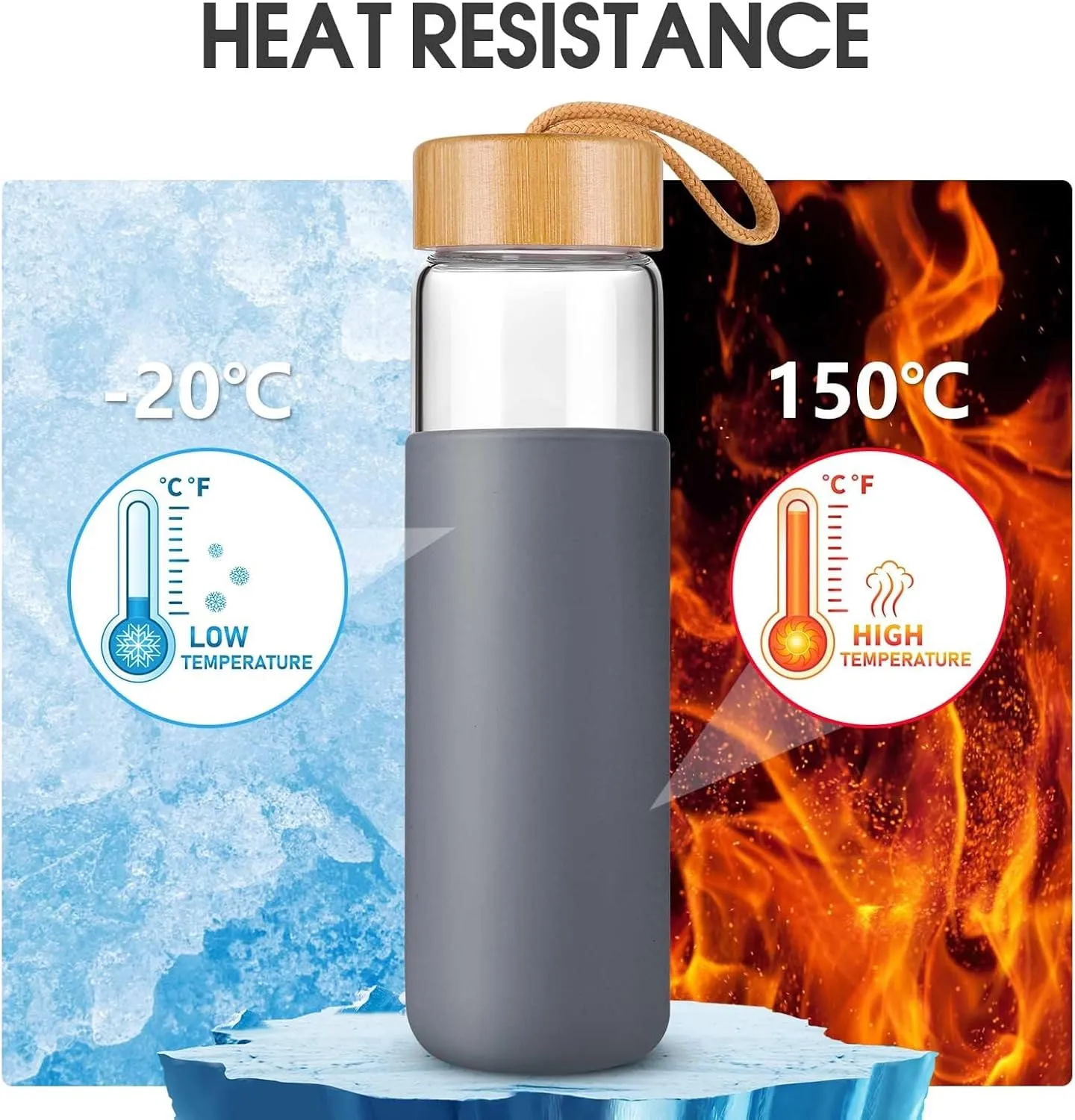 20 Oz Borosilicate Glass Water Bottle with Bamboo Lid and Silicone Sleeve  Reusable BPA Free Drinking Bottle with Lids - Cute Bottle for Women - Glass Shaker Bottle (Charcoal Grey)