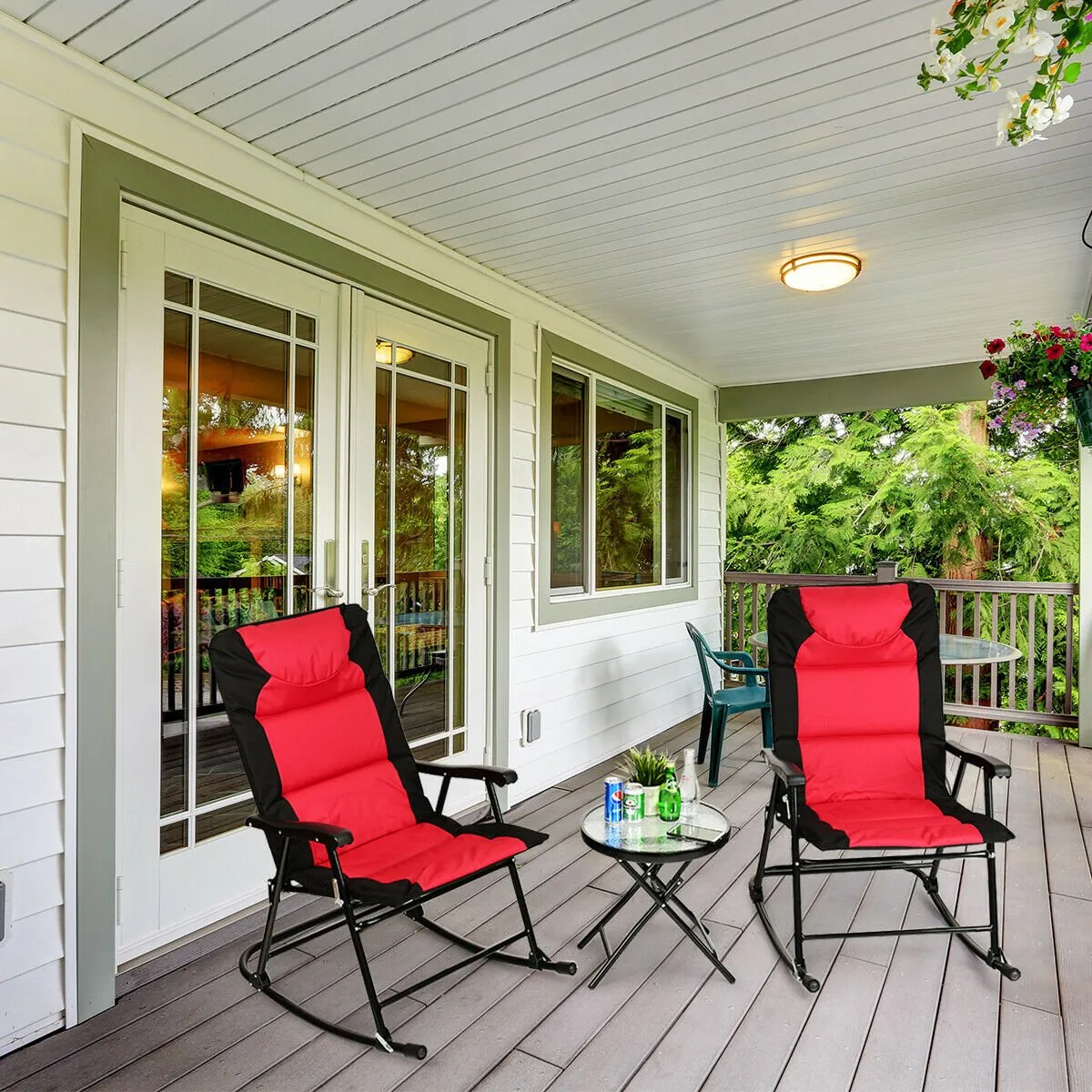 3 Pcs Folding Bistro Set Outdoor Rocking Chairs and Table Set-Red