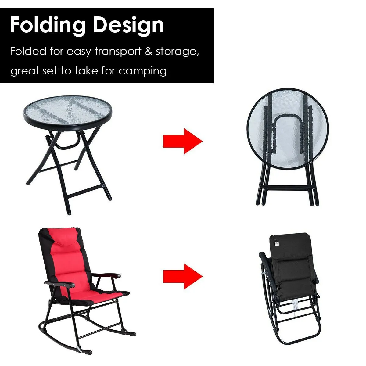 3 Pcs Folding Bistro Set Outdoor Rocking Chairs and Table Set-Red