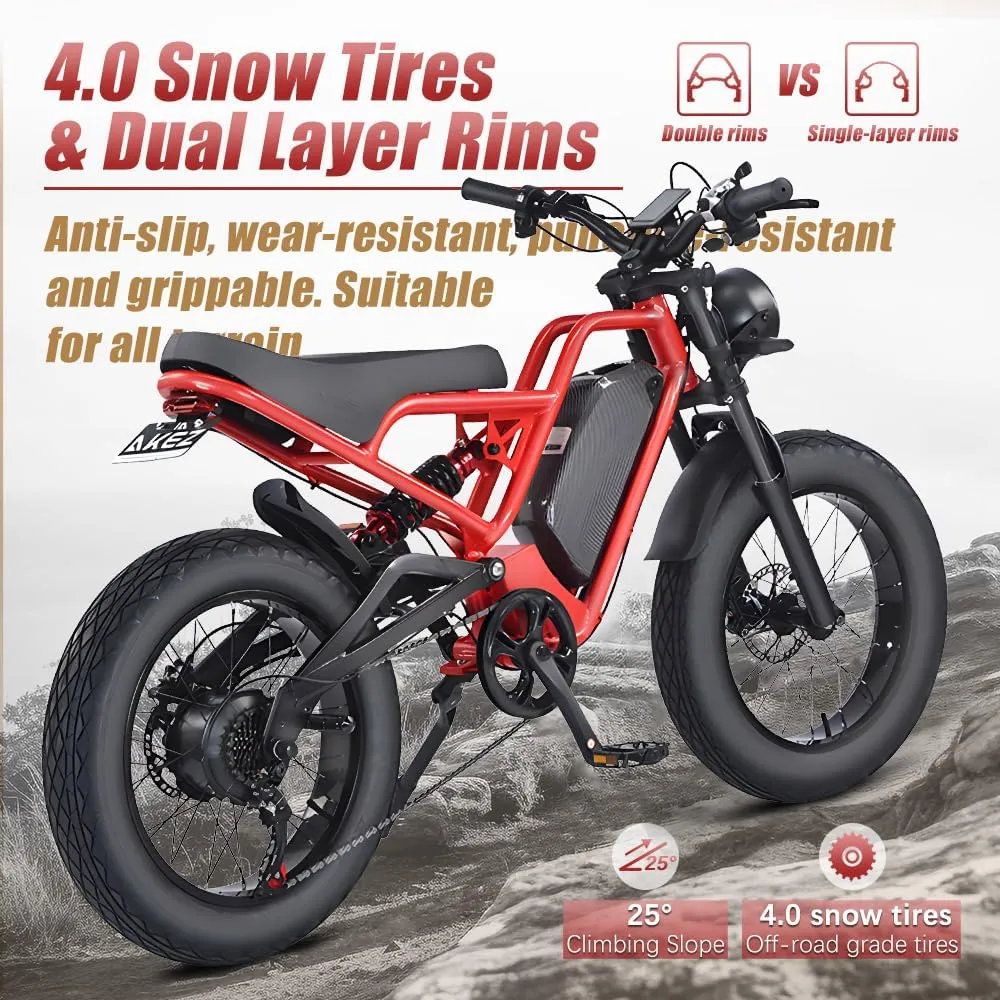 AKEZ 1500W Electric Bike,135N.M,Peak 3000W 35MPH Electric Dirt Bike for Adults,52V/48V 18AH/41AH Removable Battery Electric Mountain Bike,20'' Fat Tire Commuter Ebike,7Speed,with Hydraulic Brake