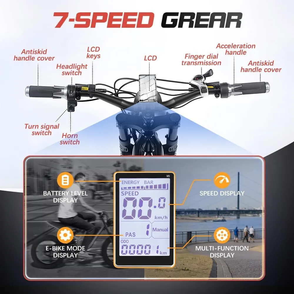 AKEZ 1500W Electric Bike,135N.M,Peak 3000W 35MPH Electric Dirt Bike for Adults,52V/48V 18AH/41AH Removable Battery Electric Mountain Bike,20'' Fat Tire Commuter Ebike,7Speed,with Hydraulic Brake