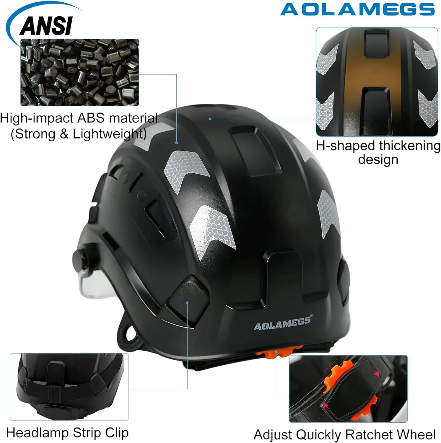 AOLAMEGS Construction Safety Hard Hat - ANSI Z89.1 Type  OSHA Approved Safety Helmets with Chin Straps Lightweight Reflective Vented ABS Hard Hats For Men Women Industrial Workwear 6-point Suspension