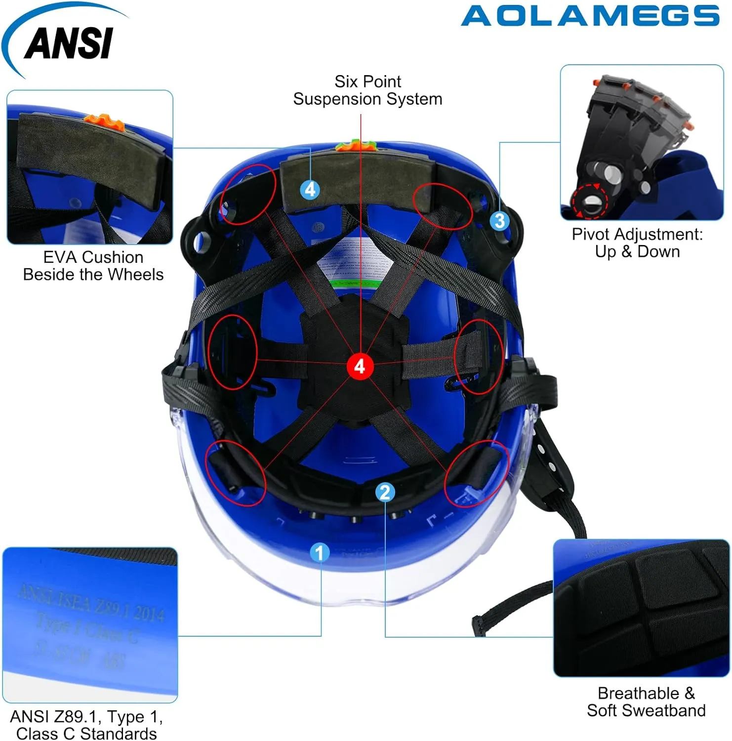 AOLAMEGS Construction Safety Hard Hat - ANSI Z89.1 Type  OSHA Approved Safety Helmets with Chin Straps Lightweight Reflective Vented ABS Hard Hats For Men Women Industrial Workwear 6-point Suspension