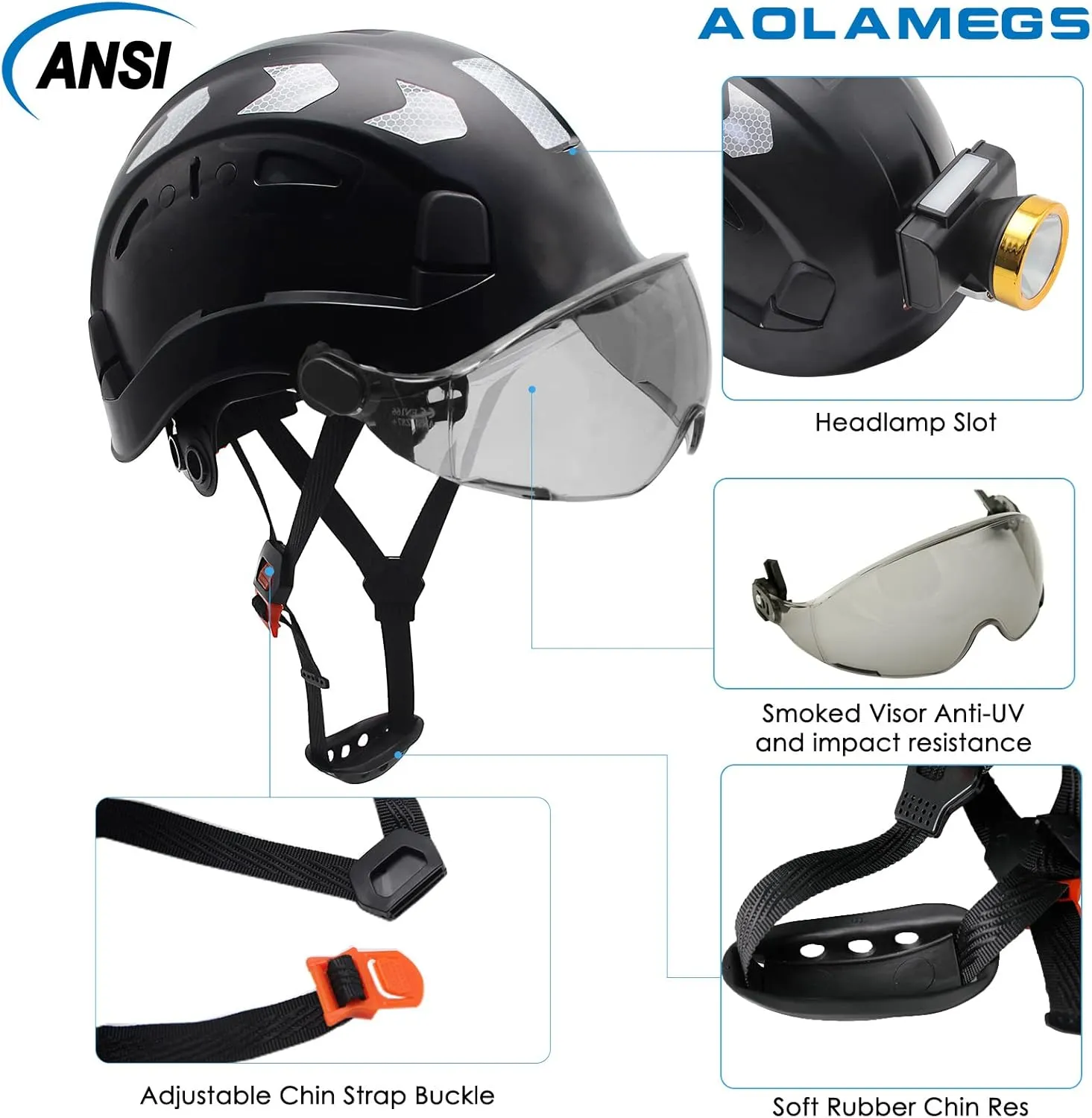 AOLAMEGS Construction Safety Hard Hat - ANSI Z89.1 Type  OSHA Approved Safety Helmets with Chin Straps Lightweight Reflective Vented ABS Hard Hats For Men Women Industrial Workwear 6-point Suspension