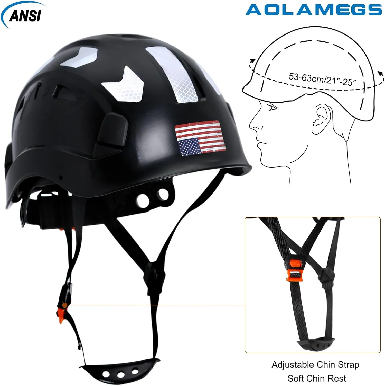AOLAMEGS Construction Safety Hard Hat - ANSI Z89.1 Type  OSHA Approved Safety Helmets with Chin Straps Lightweight Reflective Vented ABS Hard Hats For Men Women Industrial Workwear 6-point Suspension