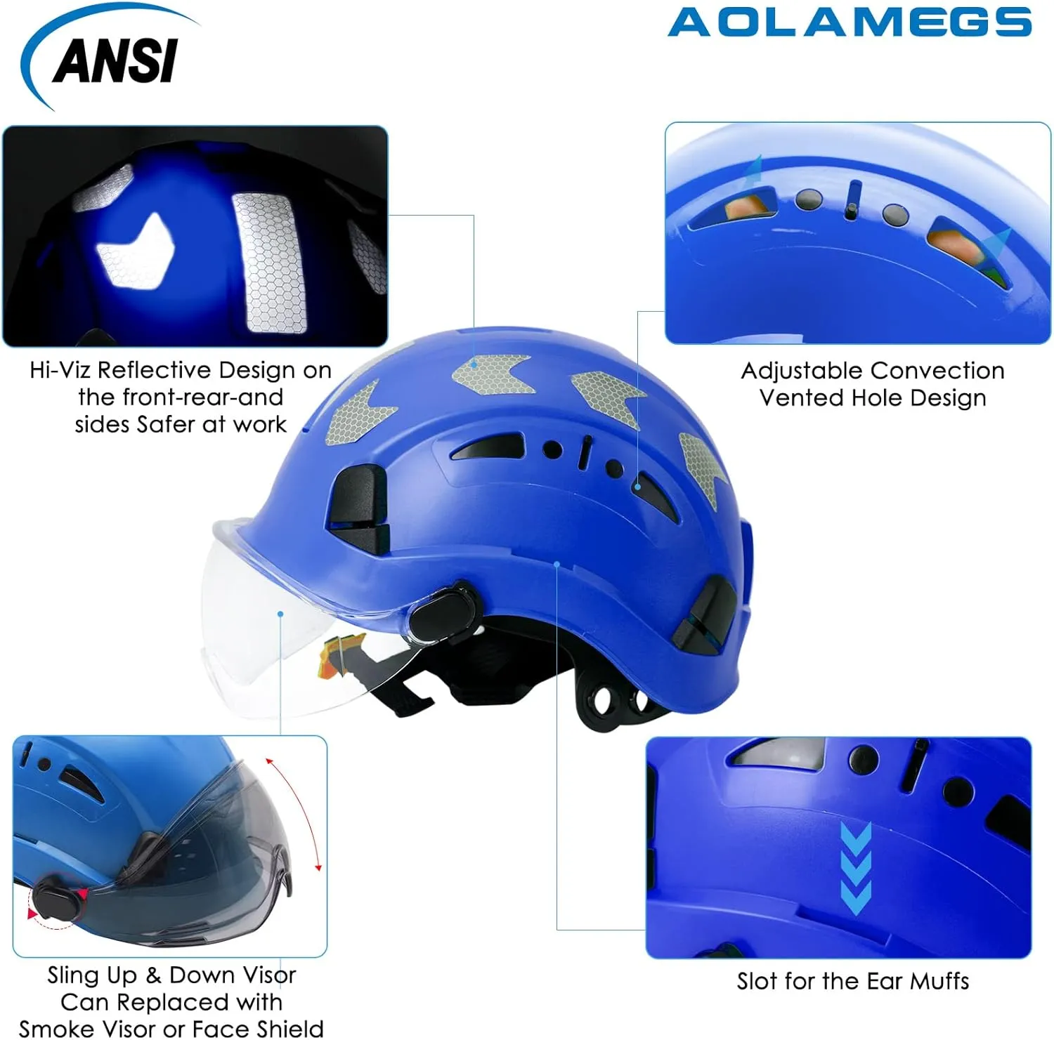 AOLAMEGS Construction Safety Hard Hat - ANSI Z89.1 Type  OSHA Approved Safety Helmets with Chin Straps Lightweight Reflective Vented ABS Hard Hats For Men Women Industrial Workwear 6-point Suspension