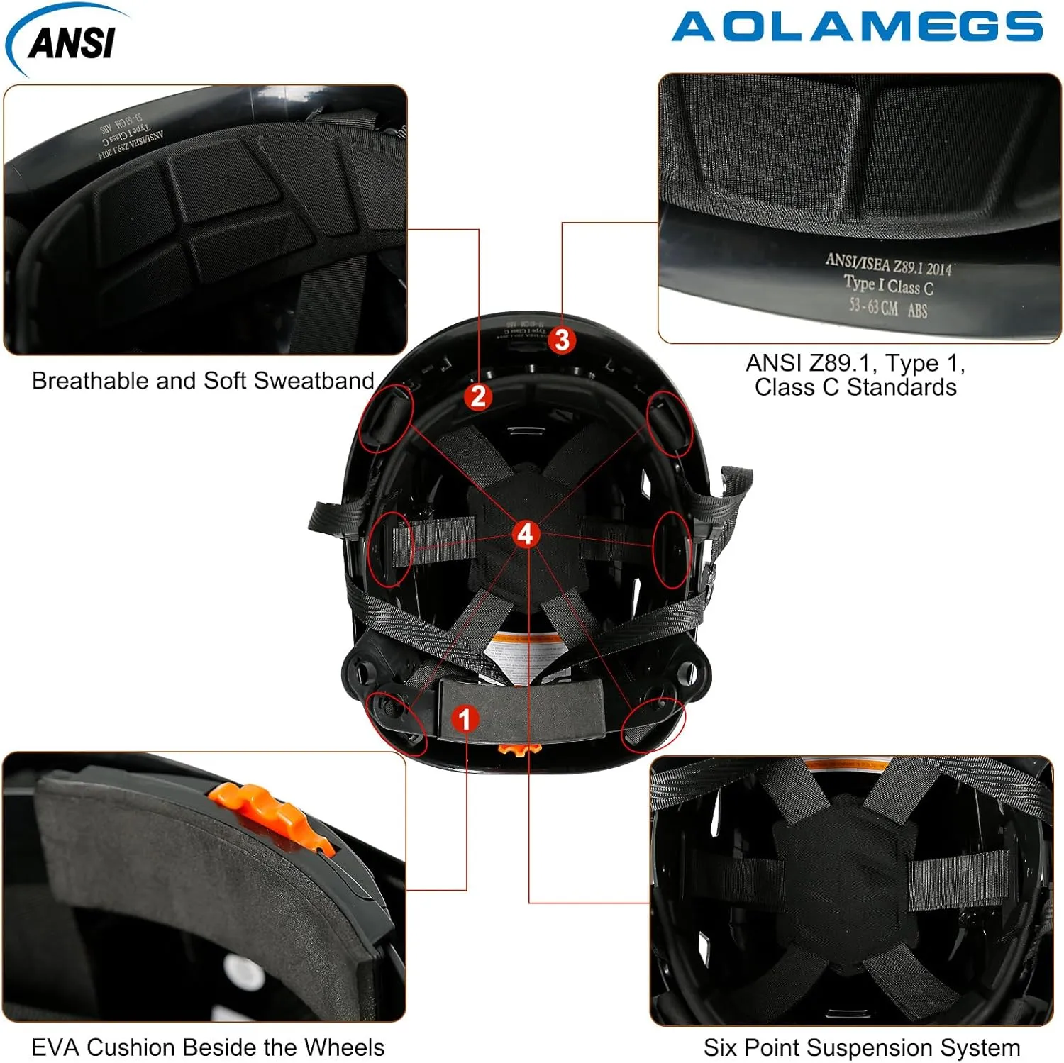 AOLAMEGS Construction Safety Hard Hat - ANSI Z89.1 Type  OSHA Approved Safety Helmets with Chin Straps Lightweight Reflective Vented ABS Hard Hats For Men Women Industrial Workwear 6-point Suspension