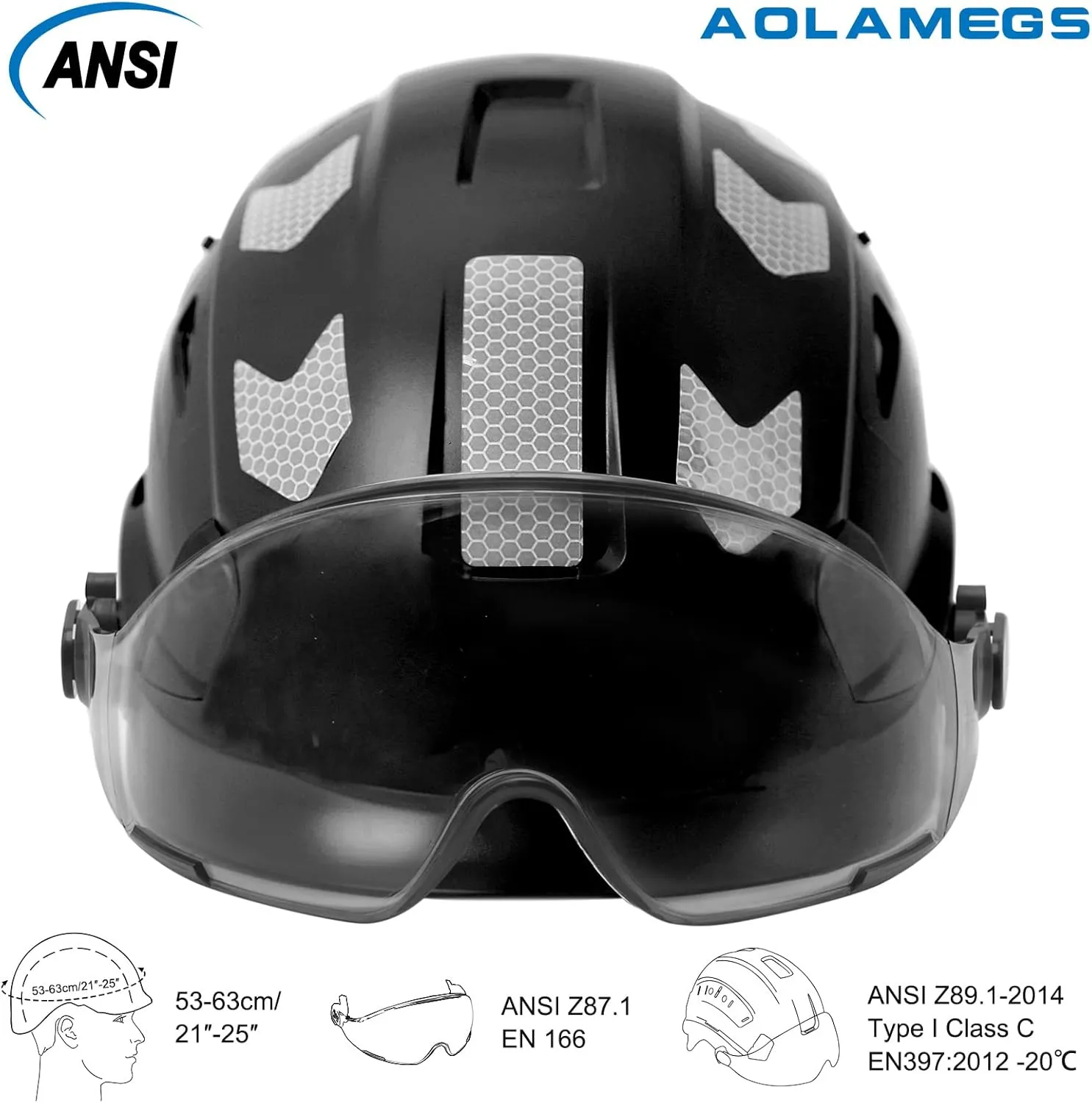 AOLAMEGS Construction Safety Hard Hat - ANSI Z89.1 Type  OSHA Approved Safety Helmets with Chin Straps Lightweight Reflective Vented ABS Hard Hats For Men Women Industrial Workwear 6-point Suspension