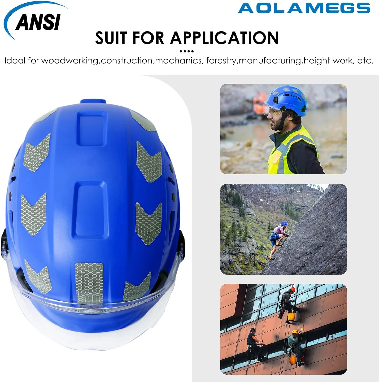 AOLAMEGS Construction Safety Hard Hat - ANSI Z89.1 Type  OSHA Approved Safety Helmets with Chin Straps Lightweight Reflective Vented ABS Hard Hats For Men Women Industrial Workwear 6-point Suspension