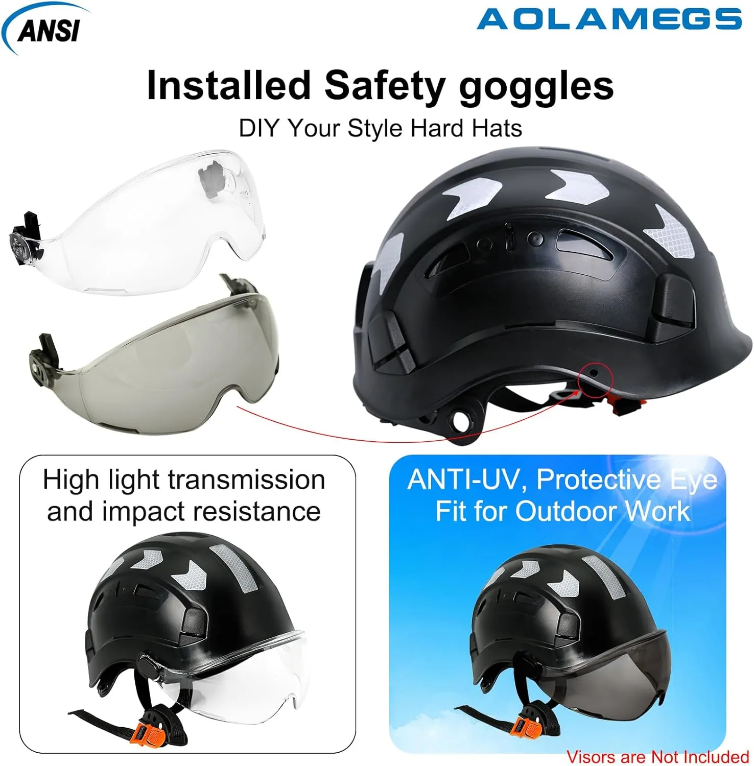 AOLAMEGS Construction Safety Hard Hat - ANSI Z89.1 Type  OSHA Approved Safety Helmets with Chin Straps Lightweight Reflective Vented ABS Hard Hats For Men Women Industrial Workwear 6-point Suspension