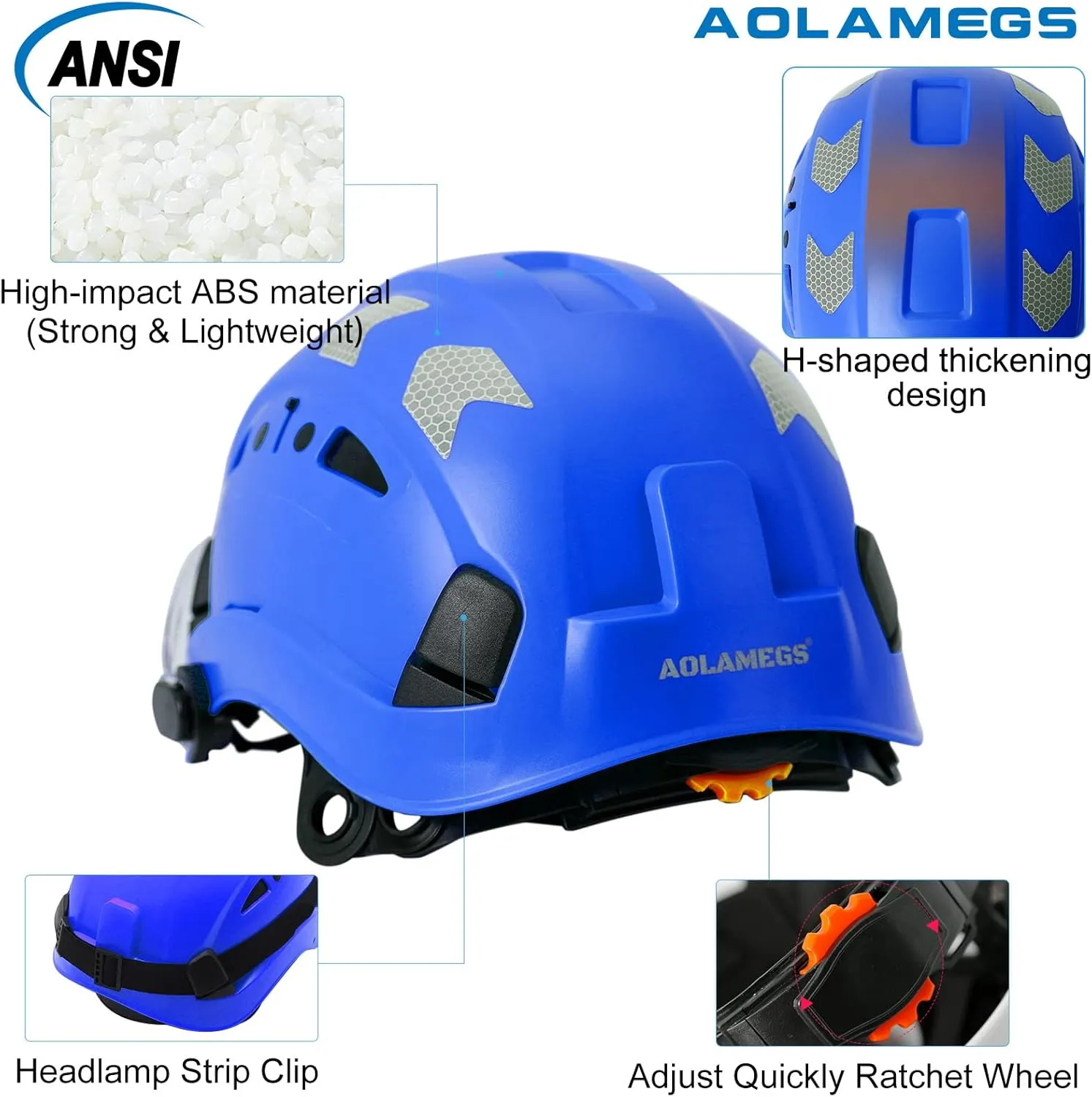 AOLAMEGS Construction Safety Hard Hat - ANSI Z89.1 Type  OSHA Approved Safety Helmets with Chin Straps Lightweight Reflective Vented ABS Hard Hats For Men Women Industrial Workwear 6-point Suspension