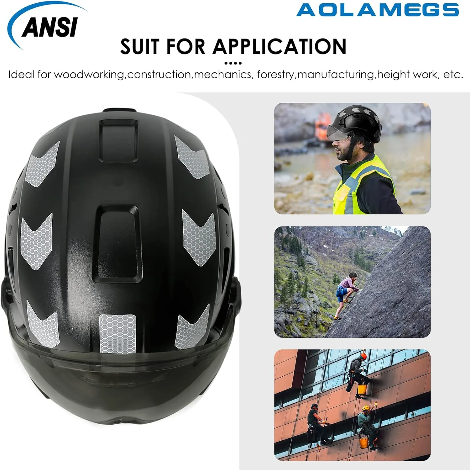 AOLAMEGS Construction Safety Hard Hat - ANSI Z89.1 Type  OSHA Approved Safety Helmets with Chin Straps Lightweight Reflective Vented ABS Hard Hats For Men Women Industrial Workwear 6-point Suspension