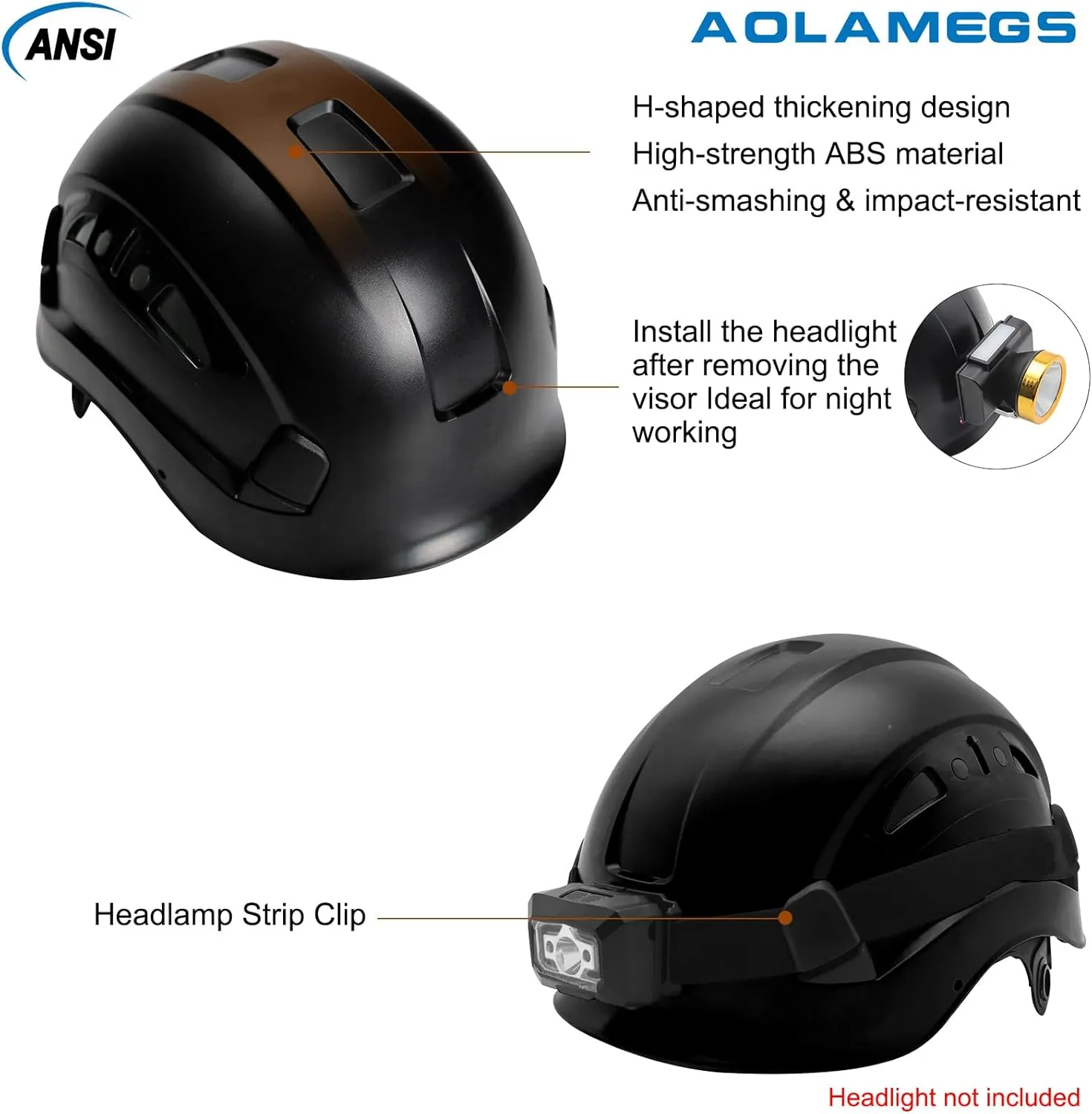 AOLAMEGS Construction Safety Hard Hat - ANSI Z89.1 Type  OSHA Approved Safety Helmets with Chin Straps Lightweight Reflective Vented ABS Hard Hats For Men Women Industrial Workwear 6-point Suspension