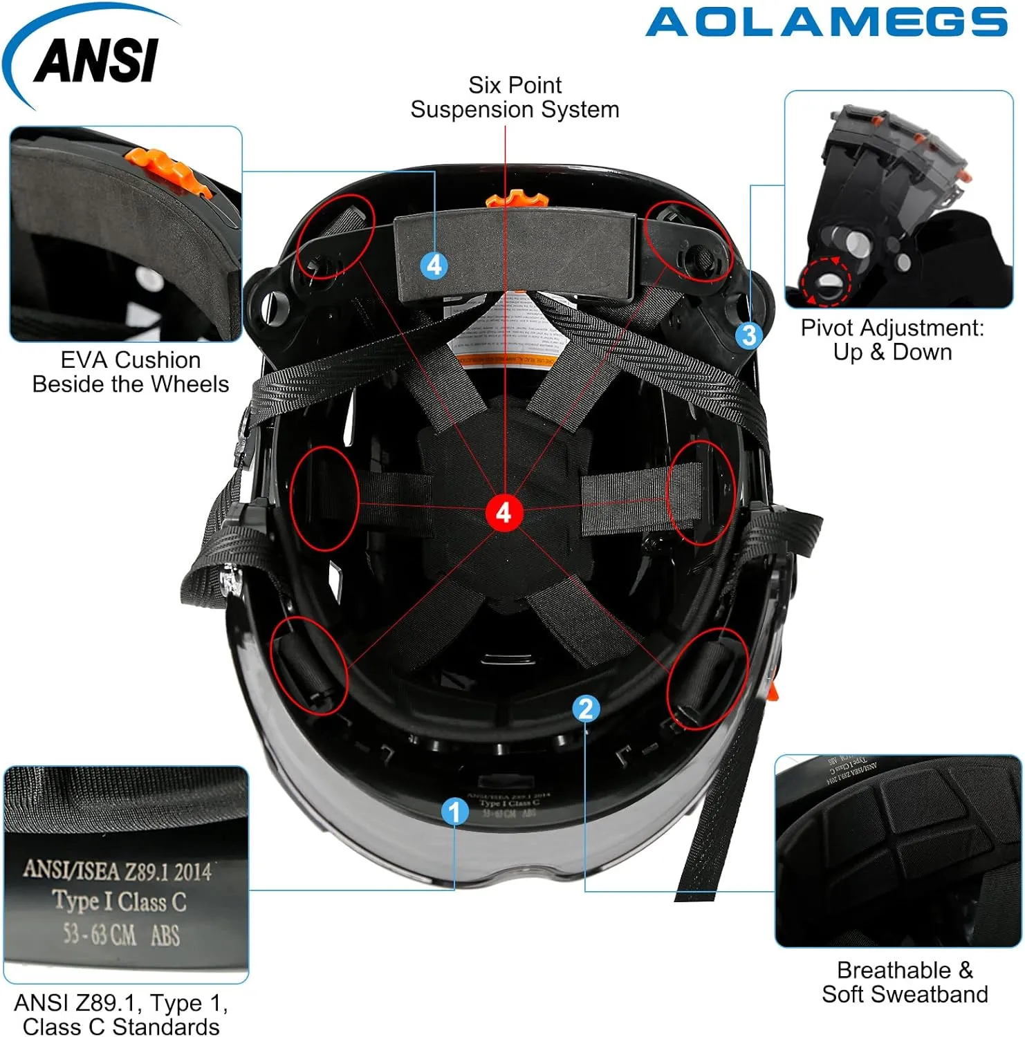 AOLAMEGS Construction Safety Hard Hat - ANSI Z89.1 Type  OSHA Approved Safety Helmets with Chin Straps Lightweight Reflective Vented ABS Hard Hats For Men Women Industrial Workwear 6-point Suspension