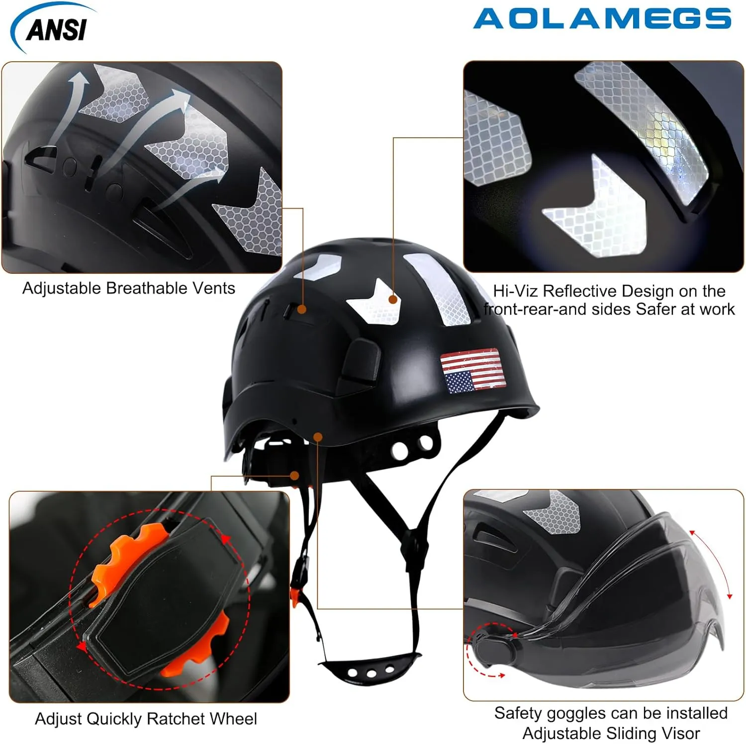 AOLAMEGS Construction Safety Hard Hat - ANSI Z89.1 Type  OSHA Approved Safety Helmets with Chin Straps Lightweight Reflective Vented ABS Hard Hats For Men Women Industrial Workwear 6-point Suspension