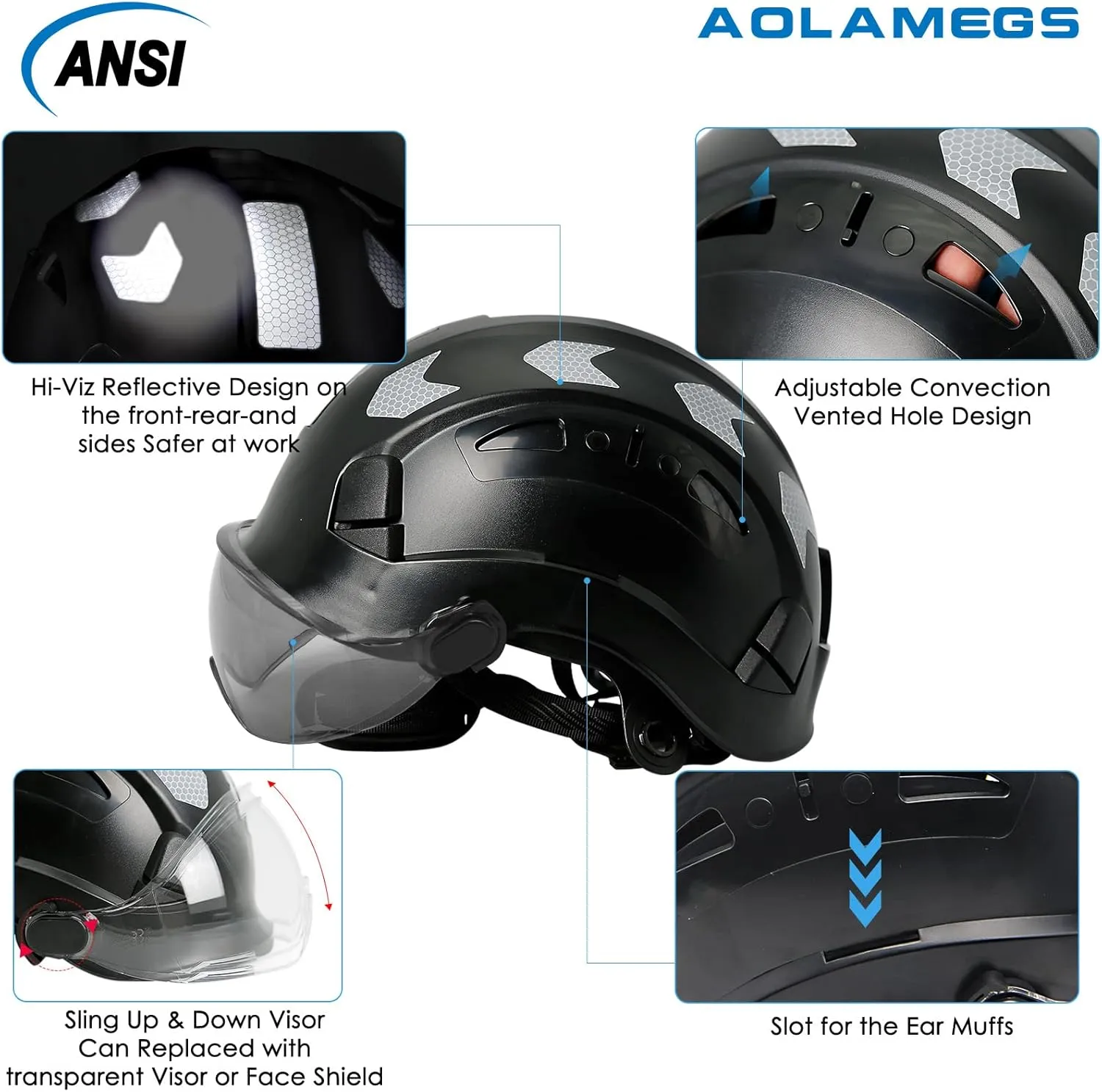 AOLAMEGS Construction Safety Hard Hat - ANSI Z89.1 Type  OSHA Approved Safety Helmets with Chin Straps Lightweight Reflective Vented ABS Hard Hats For Men Women Industrial Workwear 6-point Suspension