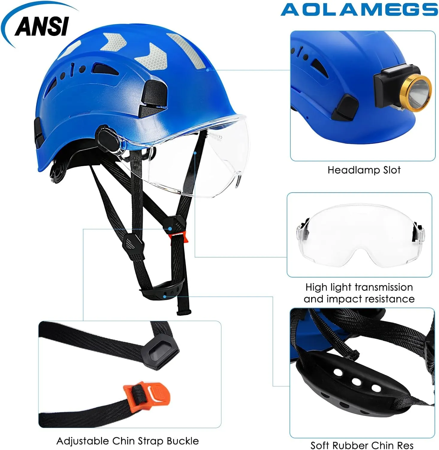 AOLAMEGS Construction Safety Hard Hat - ANSI Z89.1 Type  OSHA Approved Safety Helmets with Chin Straps Lightweight Reflective Vented ABS Hard Hats For Men Women Industrial Workwear 6-point Suspension