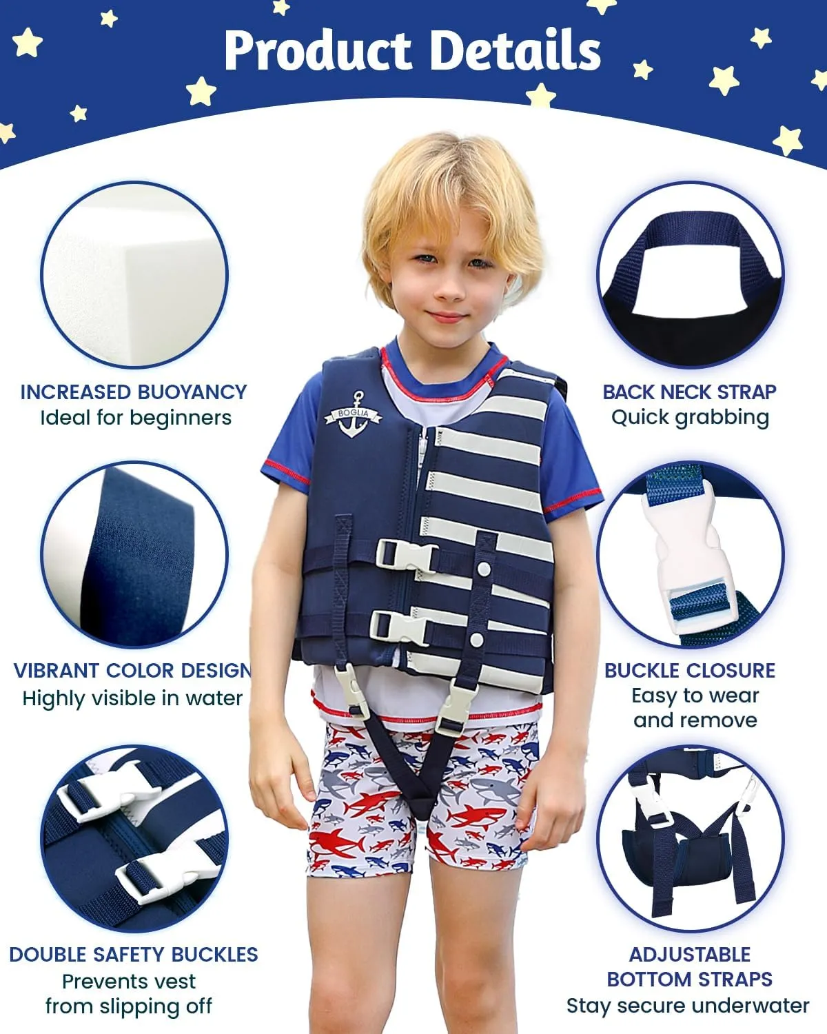 Boglia Toddler Swim Vest Kids Toddlers Floaties for Unisex Boys Girls Floation Swimsuit with Adjustable Safety Strap Age 1-9 Years/30-50Lbs