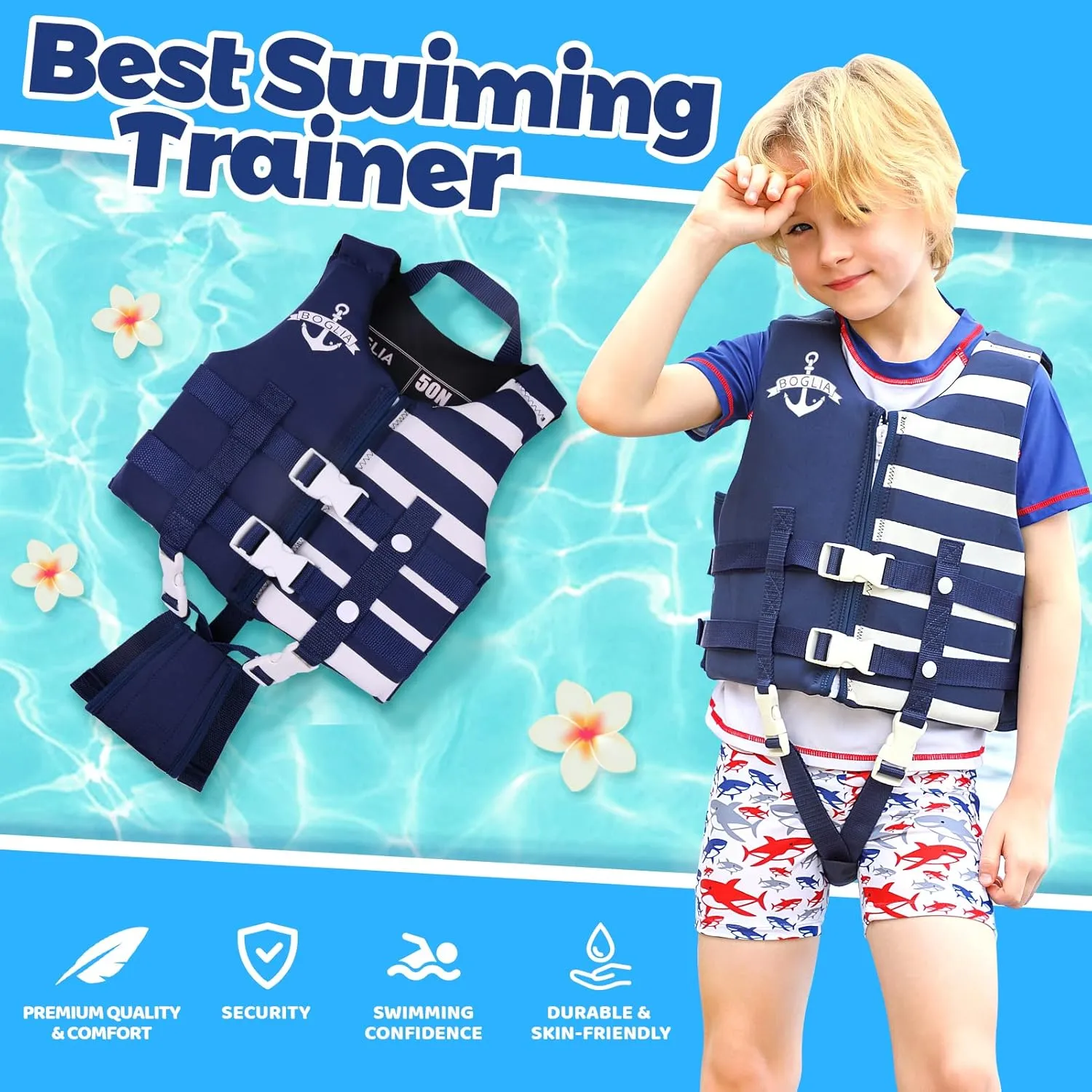 Boglia Toddler Swim Vest Kids Toddlers Floaties for Unisex Boys Girls Floation Swimsuit with Adjustable Safety Strap Age 1-9 Years/30-50Lbs