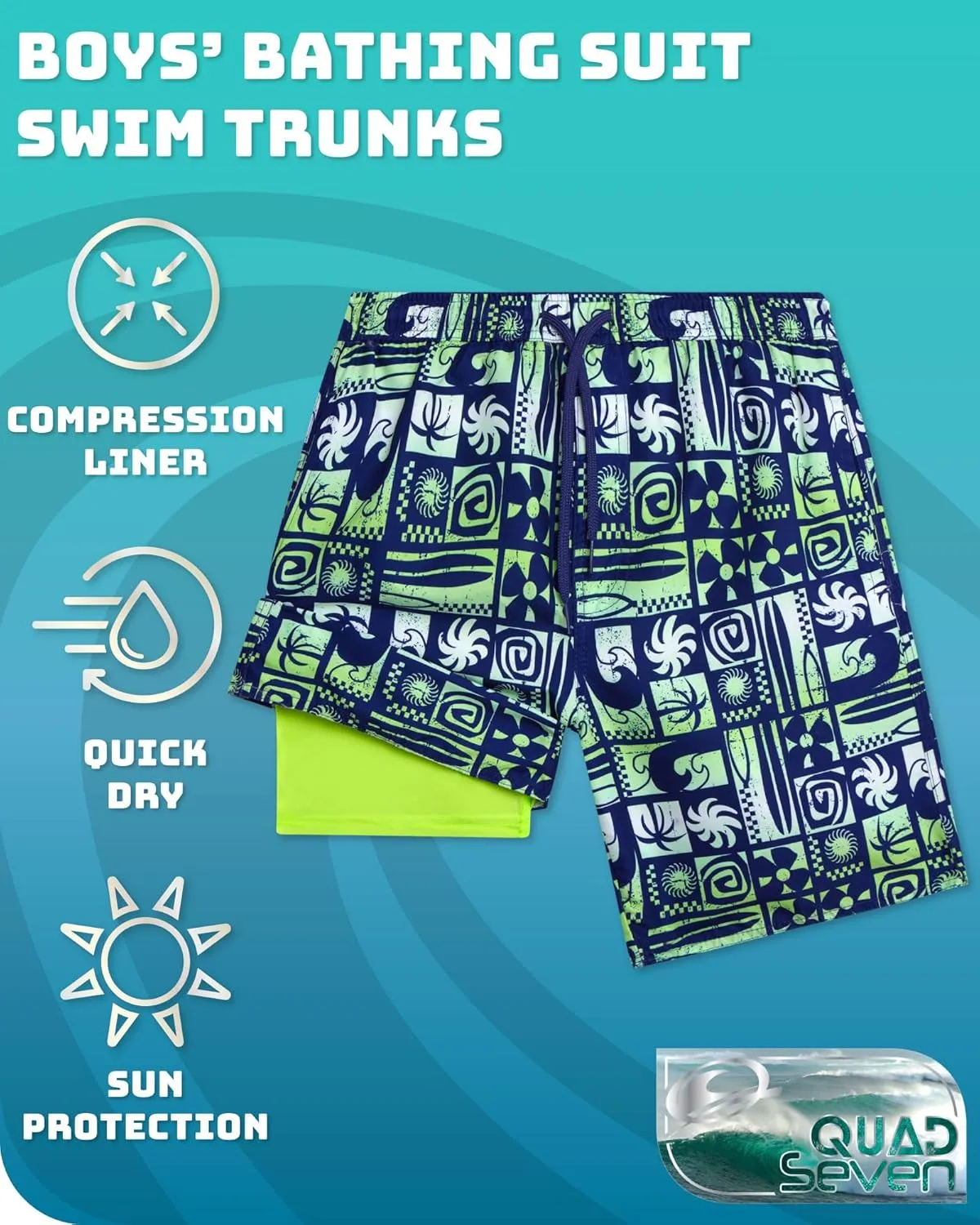 Boys Swim Trunks with Compression Liner Quick Dry Bathing Suit Swim Shorts (Sizes: 8-14)