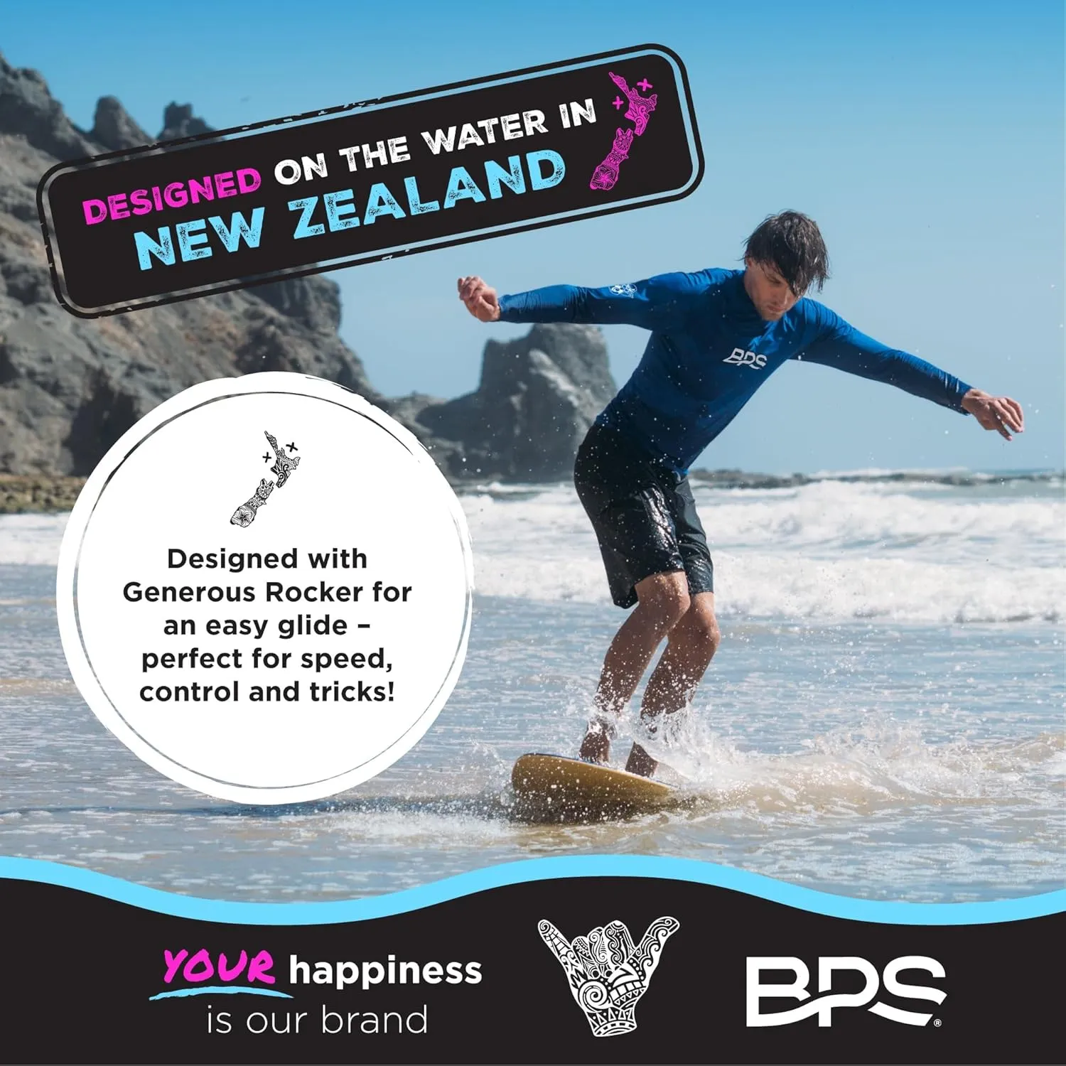 BPS New Zealand Shaka Skimboard with Colored EVA Grip Pad and High Gloss Clear Coat Wooden Skim Boards for Kids and Adults | Choose from 3 Sizes and Traction Pad Color