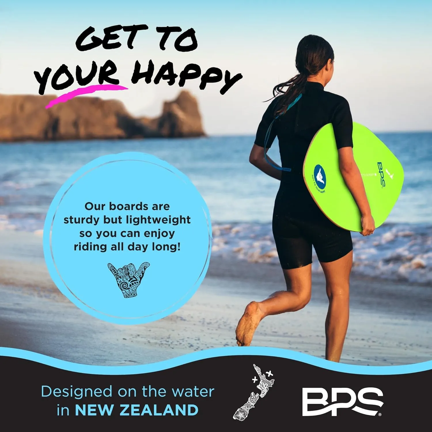 BPS New Zealand Shaka Skimboard with Colored EVA Grip Pad and High Gloss Clear Coat Wooden Skim Boards for Kids and Adults | Choose from 3 Sizes and Traction Pad Color