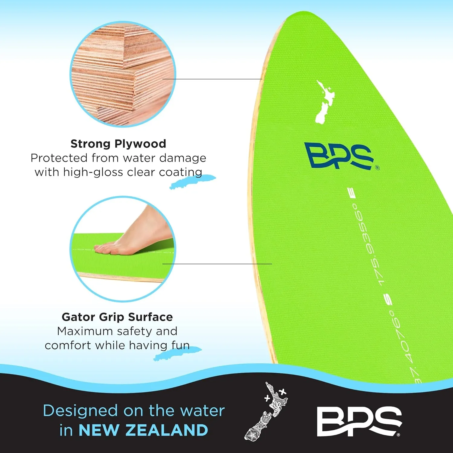 BPS New Zealand Shaka Skimboard with Colored EVA Grip Pad and High Gloss Clear Coat Wooden Skim Boards for Kids and Adults | Choose from 3 Sizes and Traction Pad Color