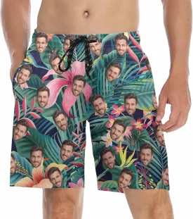 Custom Men's Swim Trunks with FacesCustom Swim Trunks Tropical Floral Personalized Board Shorts with USA Flag