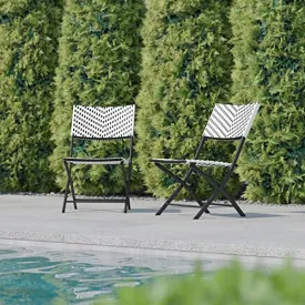 Flash Furniture Rouen Set of Two Folding French Bistro Chairs in PE Rattan with Metal Frames for Indoor and Outdoor Use, Set of 1, Black/White