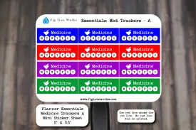 Planner Essentials Medicine Trackers Mini Sticker Sheet | Medication Tracker Stickers | Matte Finish | Style A Multiple Colors Available