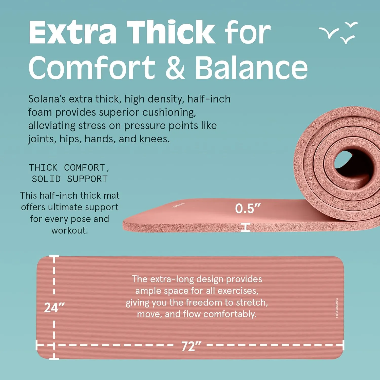 Retrospec Solana Yoga Mat 1/2" Thick w/Nylon Strap for Men & Women - Non Slip Exercise Mat for Yoga, Pilates, Stretching, Floor & Fitness Workouts
