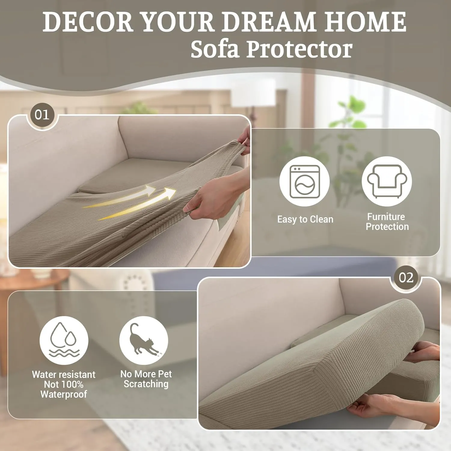 Sectional Couch Covers for Sofa Cushion L Shaped Couch Cover Washable Soft Couch Cushion Covers Stretch Sofa Slipcovers(1-Piece for Sofa Seat or Backrest, Khaki)