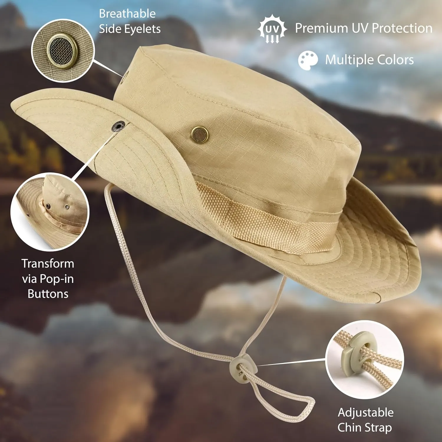 Wide Brim Boonie Hat, Men & Women Top Camo Bucket Hats for Safari Military Beach